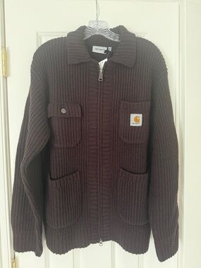 Carhartt Dark Brown Ribbed Zip Front Knit Jacket